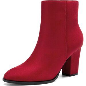 Women's Red Faux Leather Ankle Boots Chunky Block Heel Booties